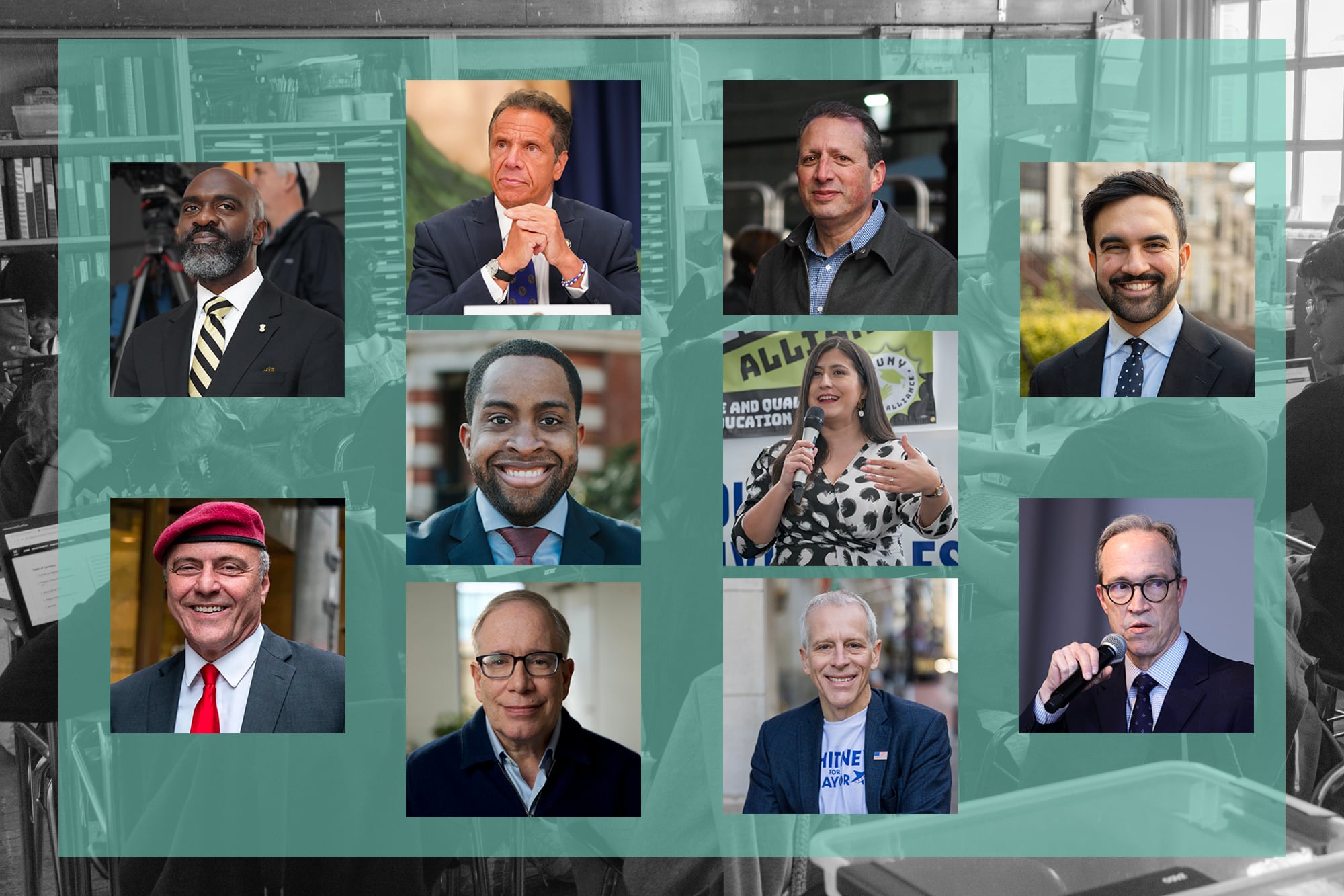 Ten individual portraits on a transparent green background on a black and white photograph of a classroom.