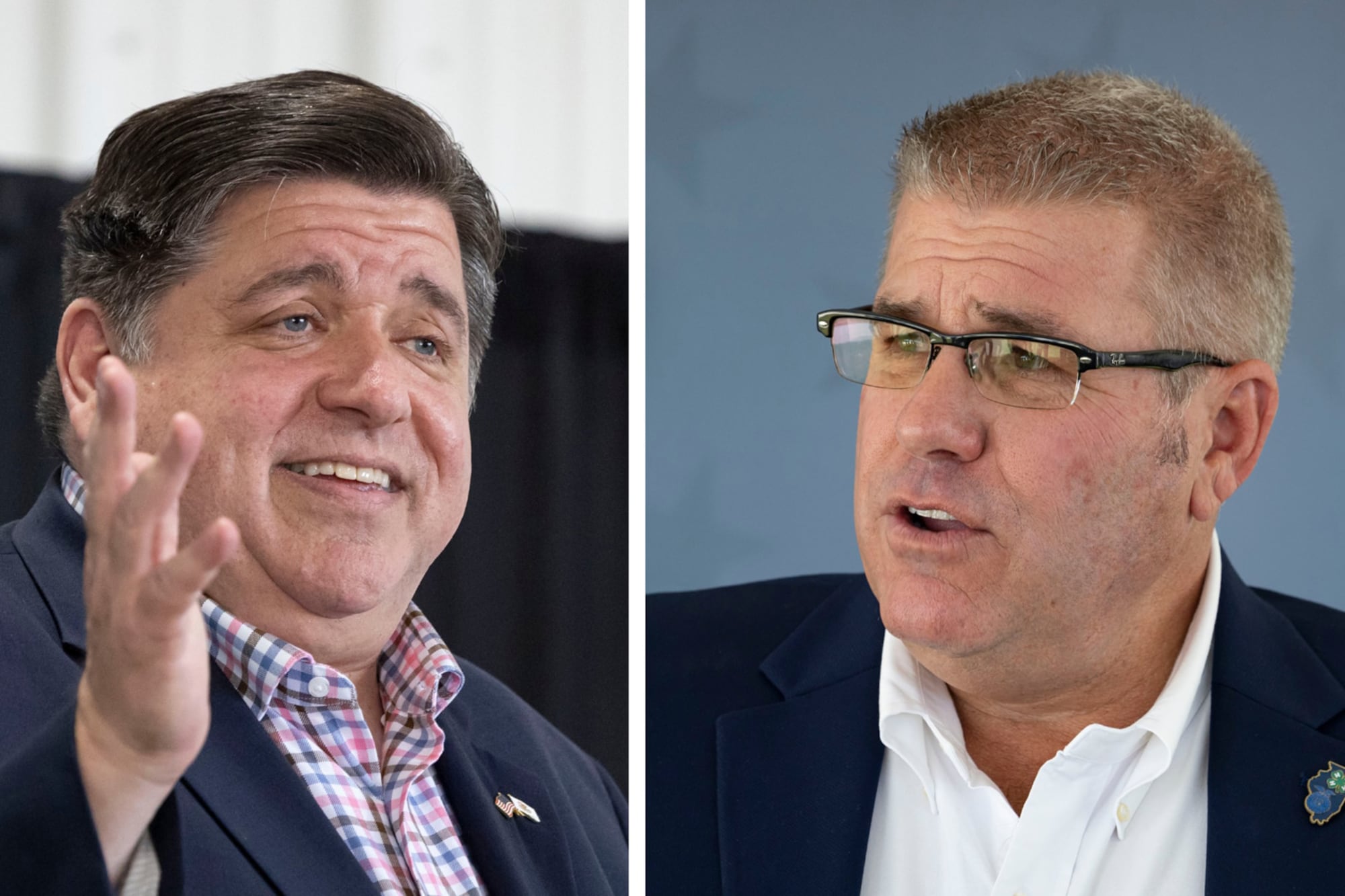Democratic Illinois Gov. J.B. Pritzker (left) won a second term, as preliminary election results show he defeated Republican challenger state Sen. Darren Bailey (right).