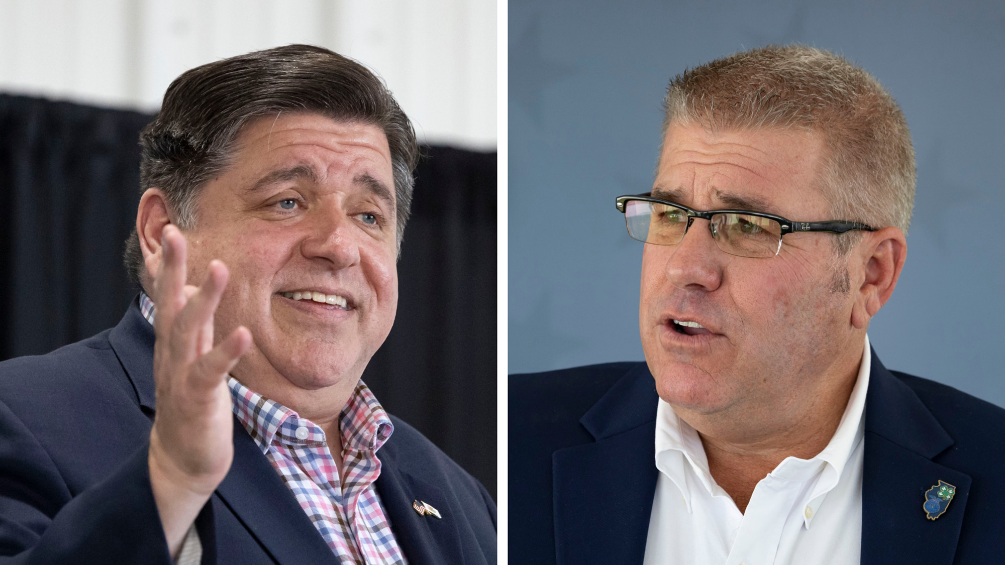 Democratic Illinois Gov. J.B. Pritzker (left) won a second term, as preliminary election results show he defeated Republican challenger state Sen. Darren Bailey (right).