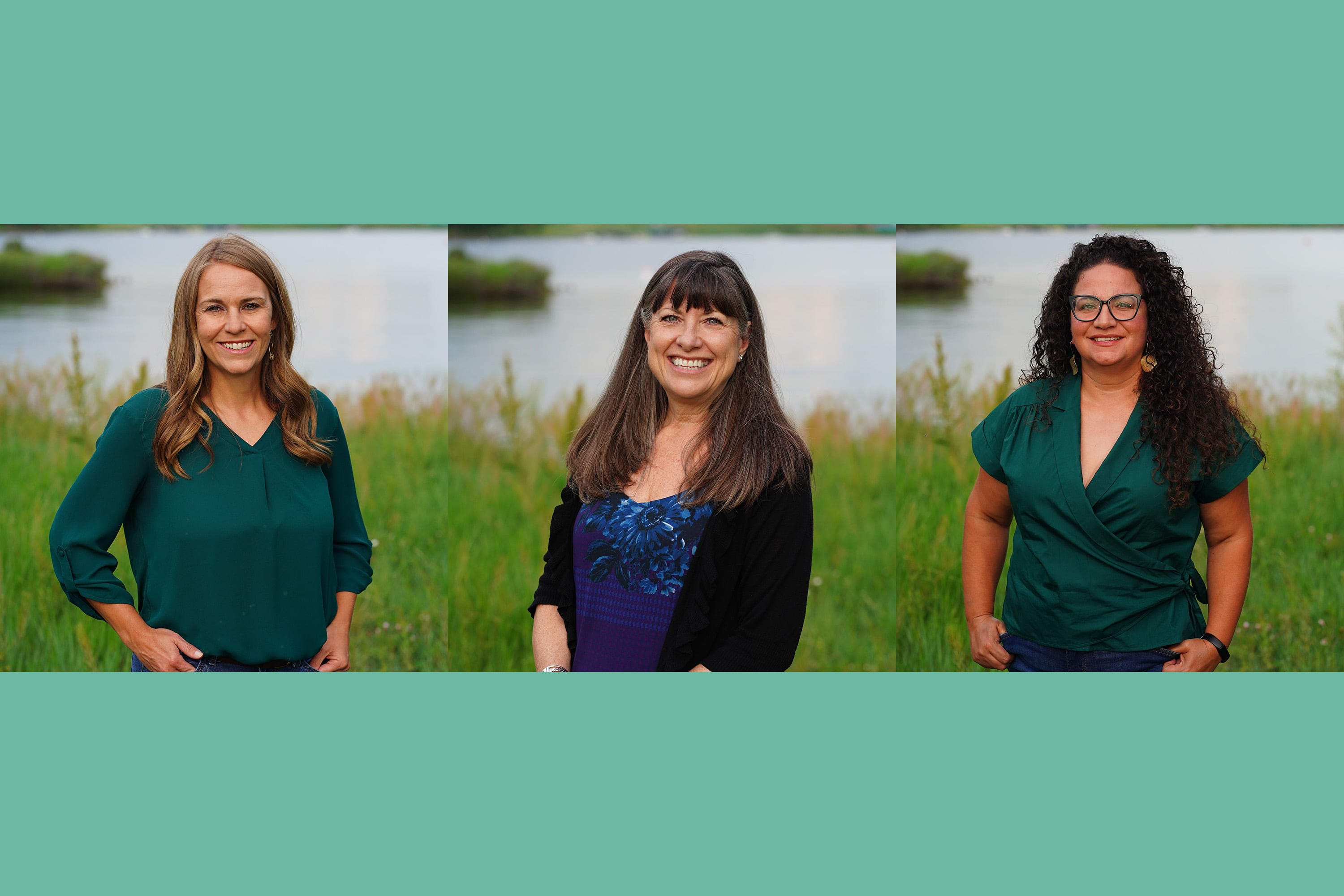 Three women stand in separate pictures against an outdoor backdrop.