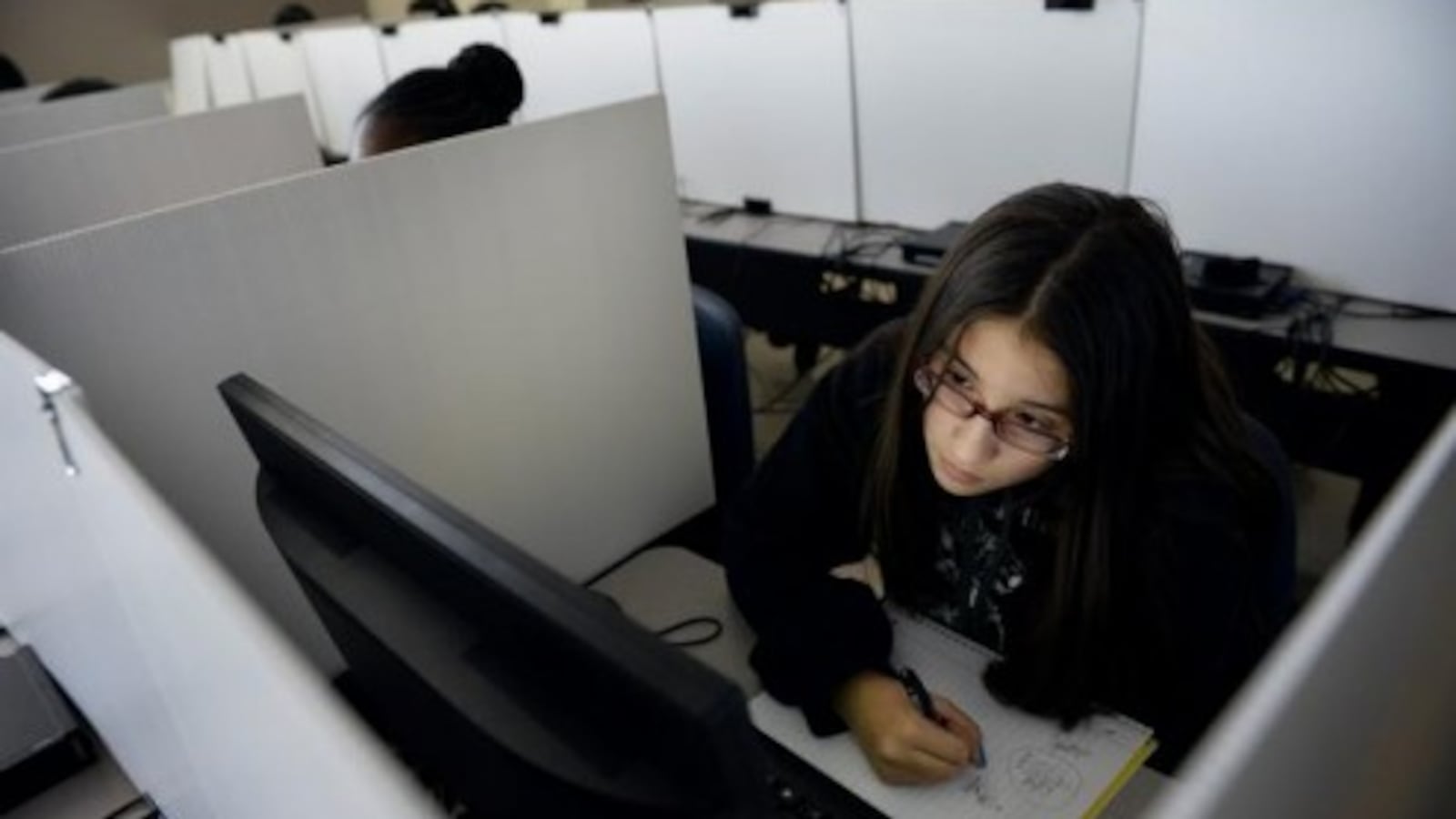 Students in the Sheridan School District practice for the 2015 PARCC tests.