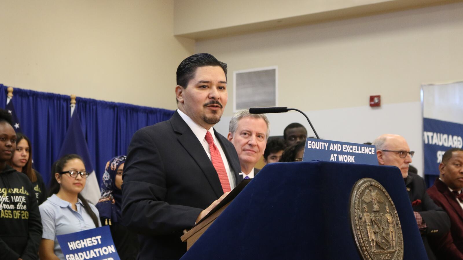 Chancellor Richard Carranza talks at New World High School about the city's latest graduation rates.