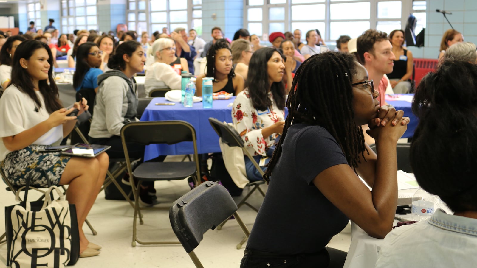 Parents, educators, and integration advocates  gathered in Harlem for a town hall organized by Mayor Bill de Blasio's School Diversity Advisory Group on June 21, 2018.
