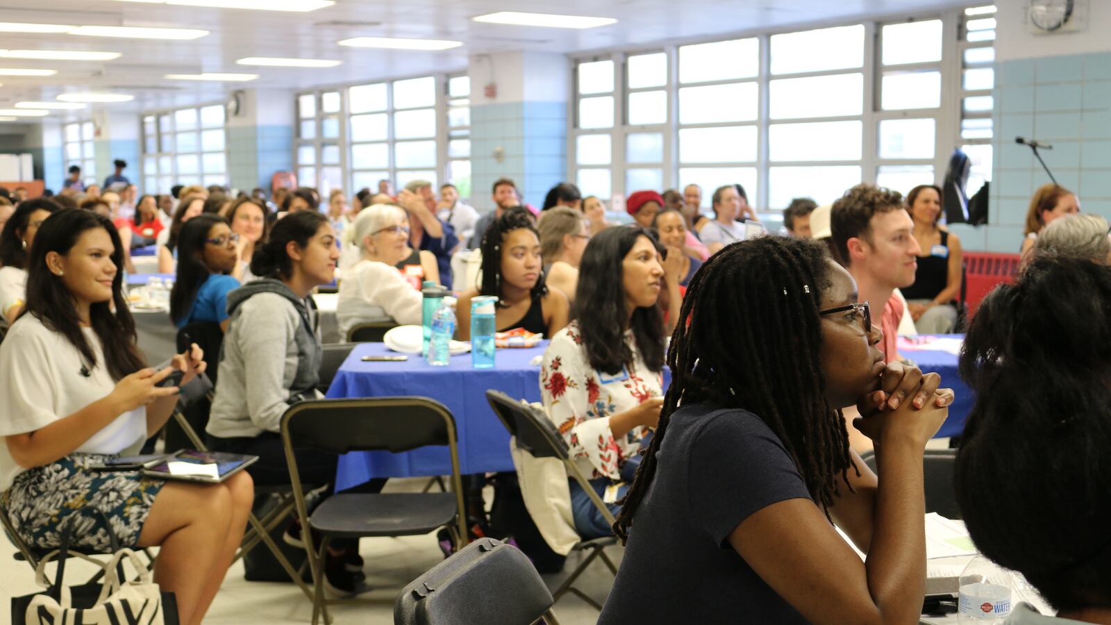 Parents, educators, and integration advocates  gathered in Harlem for a town hall organized by Mayor Bill de Blasio's School Diversity Advisory Group on June 21, 2018.