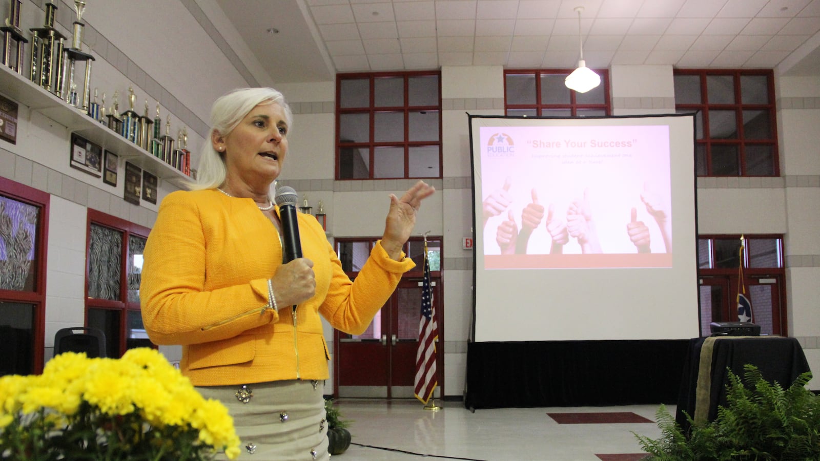 Tammy Grissom, executive director of the Tennessee School Boards Association, outlines the Tennessee Digital Learning Project to regional school leaders Monday evening at Brighton High School in Tipton County.