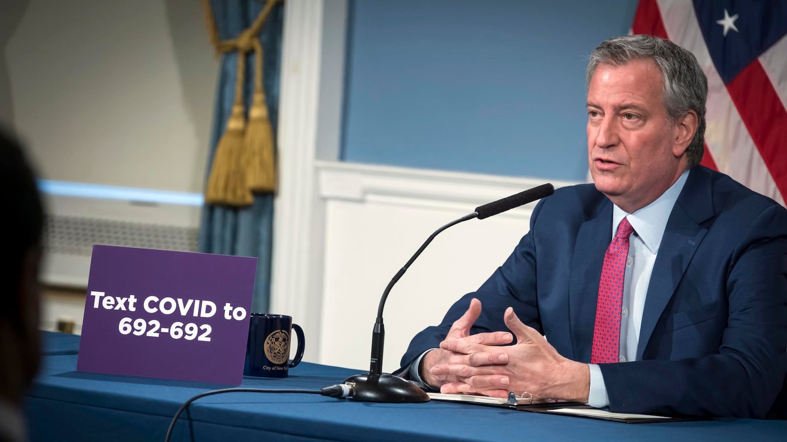 Mayor Bill de Blasio holds a media availability on COVID-19. City Hall on April 9, 2020.
