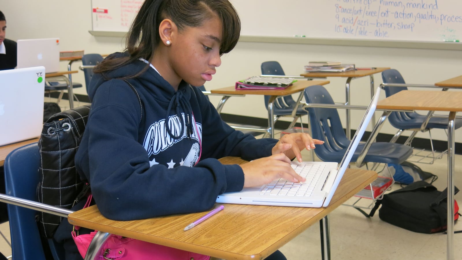Colonial Middle school student takes the practice online writing assessment last week.