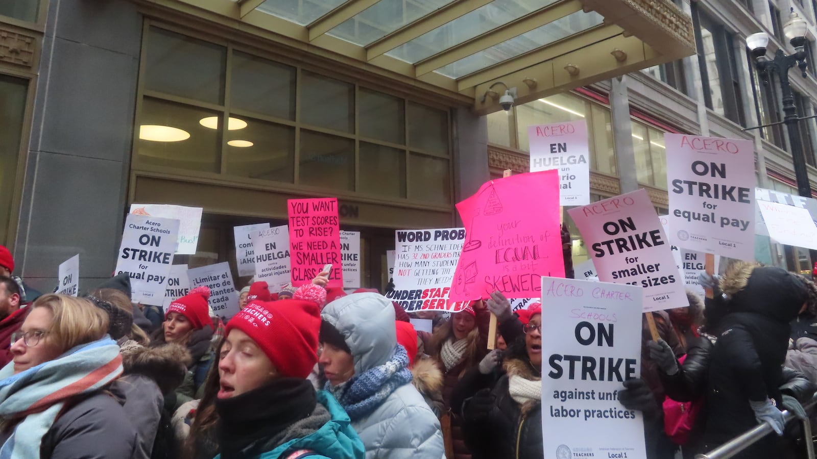 Teachers picket in front of Chicago Public Schools headquarters on the second day of the Acero teachers strike.