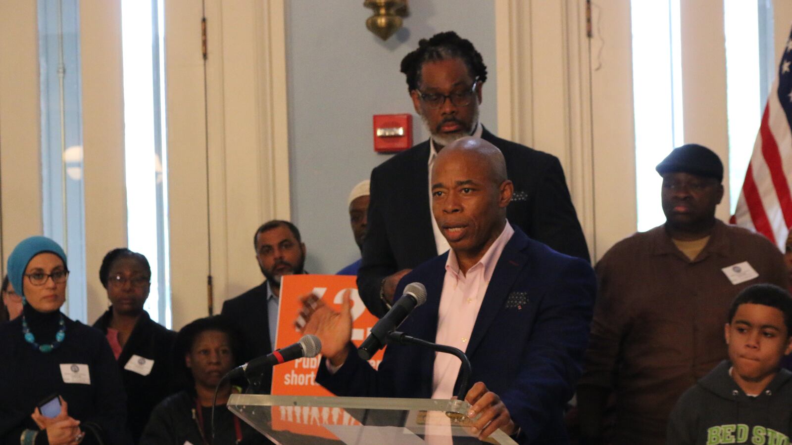 Brooklyn Borough President Eric Adams speaks at a press conference related to charter school security funding.