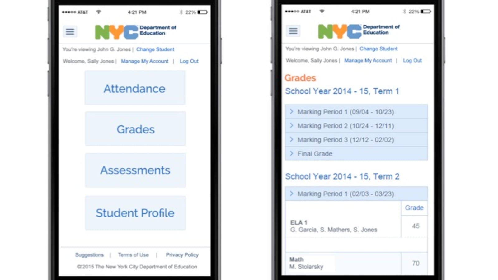 Screenshots of the city's new mobile web site where parents can see basic school data for their children.