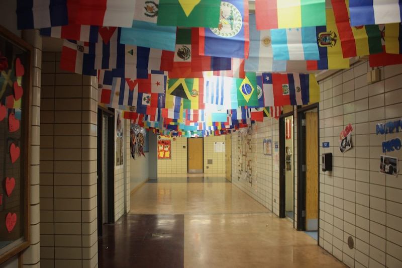 Flags from around the world hang in a school hallway.