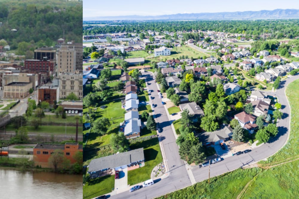 Aerial images of two communities, one an older steel mill town, the other a suburban development.