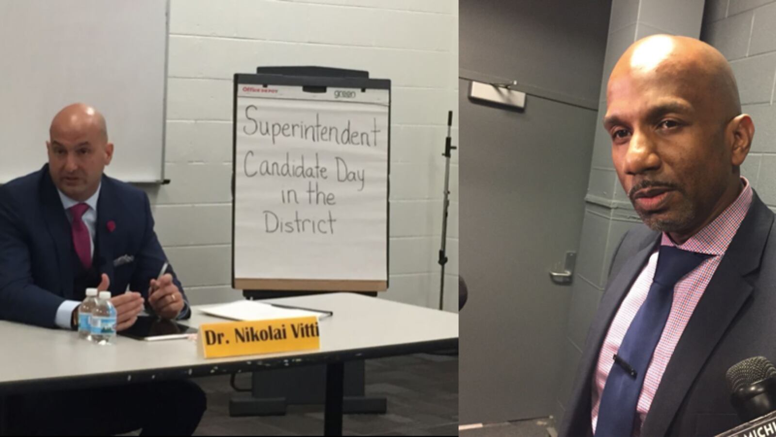 Detroit's school board is considering two superintendent candidates, Nikolai Vitti (left) and Derrick Coleman.