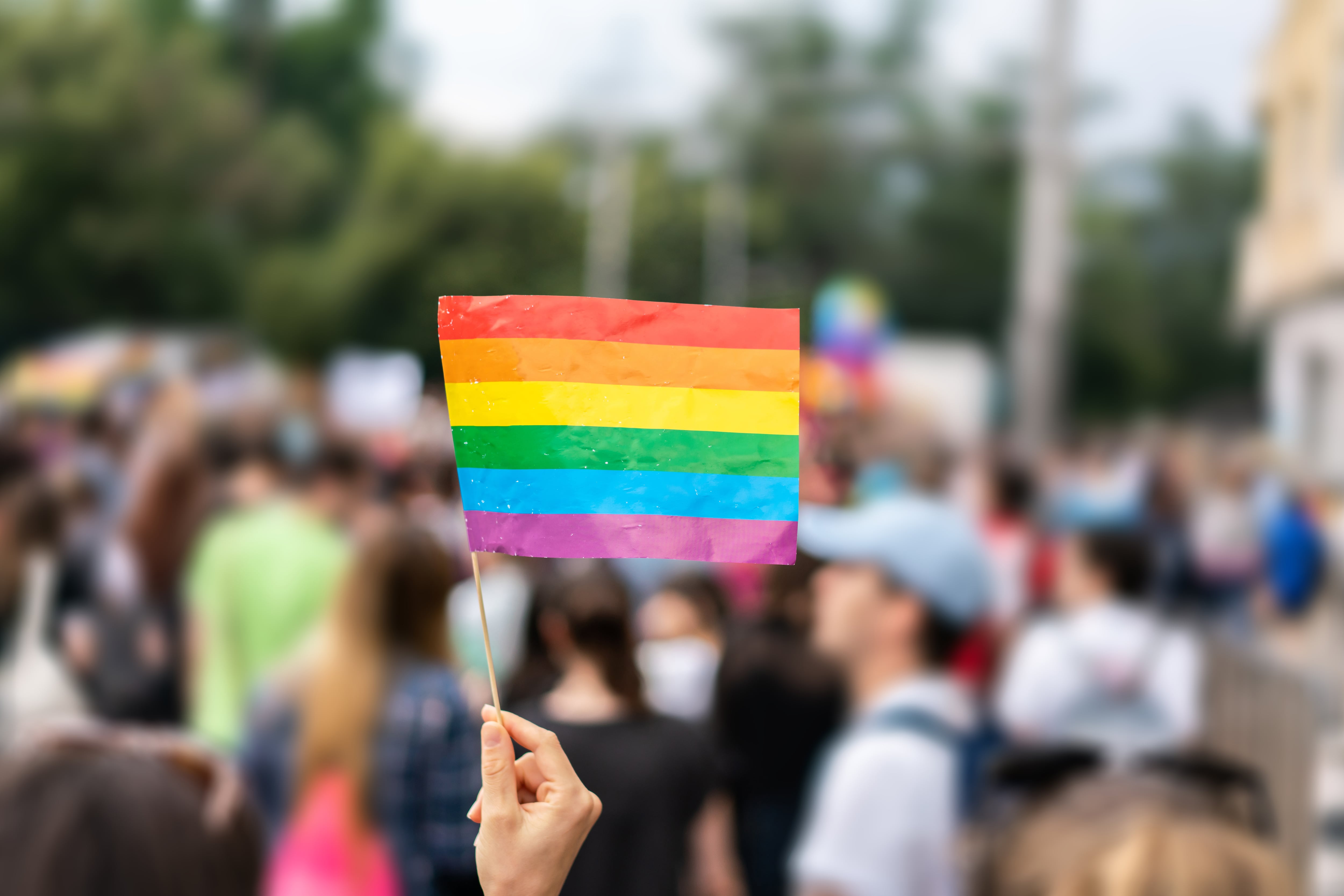 A hand holds a rainbow flag at gay pride parade with blurred participants in the background.