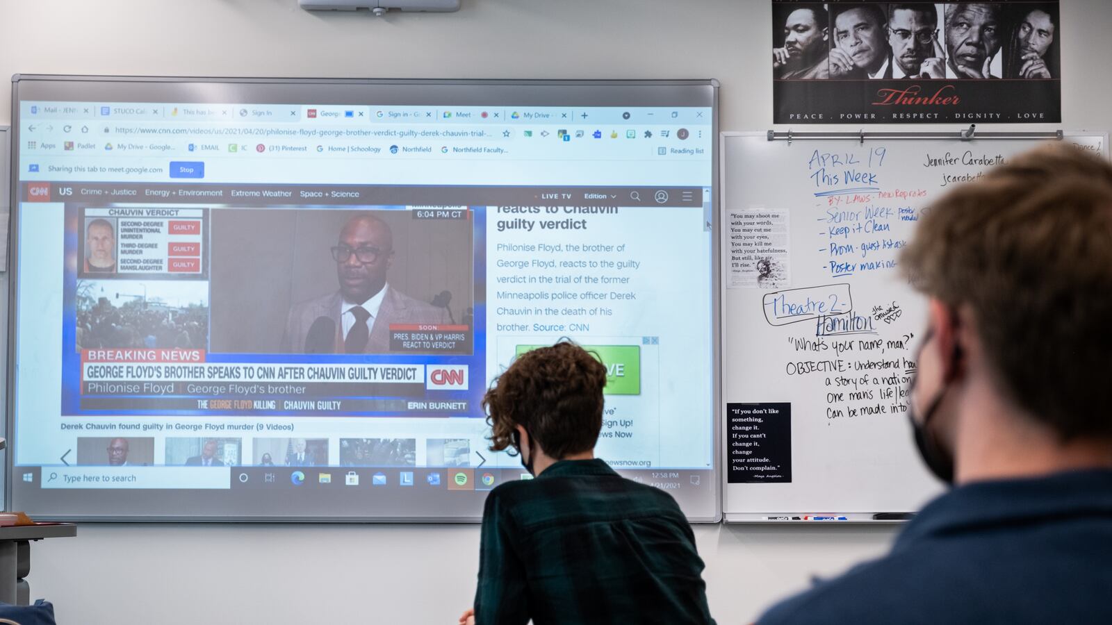 Students watch Philonise Floyd react to the conviction of former Minneapolis police officer Derek Chauvin for the murder of his brother, George Floyd, during a discussion between Northfield High School student council officers and members in Denver, Colorado, on Wednesday, April 21, 2021.