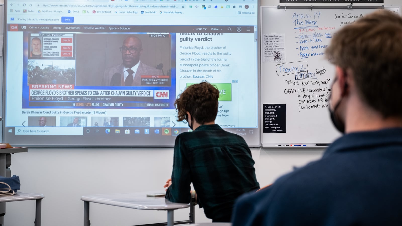 Students watch Philonise Floyd react to the conviction of former Minneapolis police officer Derek Chauvin for the murder of his brother, George Floyd, during a discussion between Northfield High School student council officers and members in Denver, Colorado, on Wednesday, April 21, 2021.