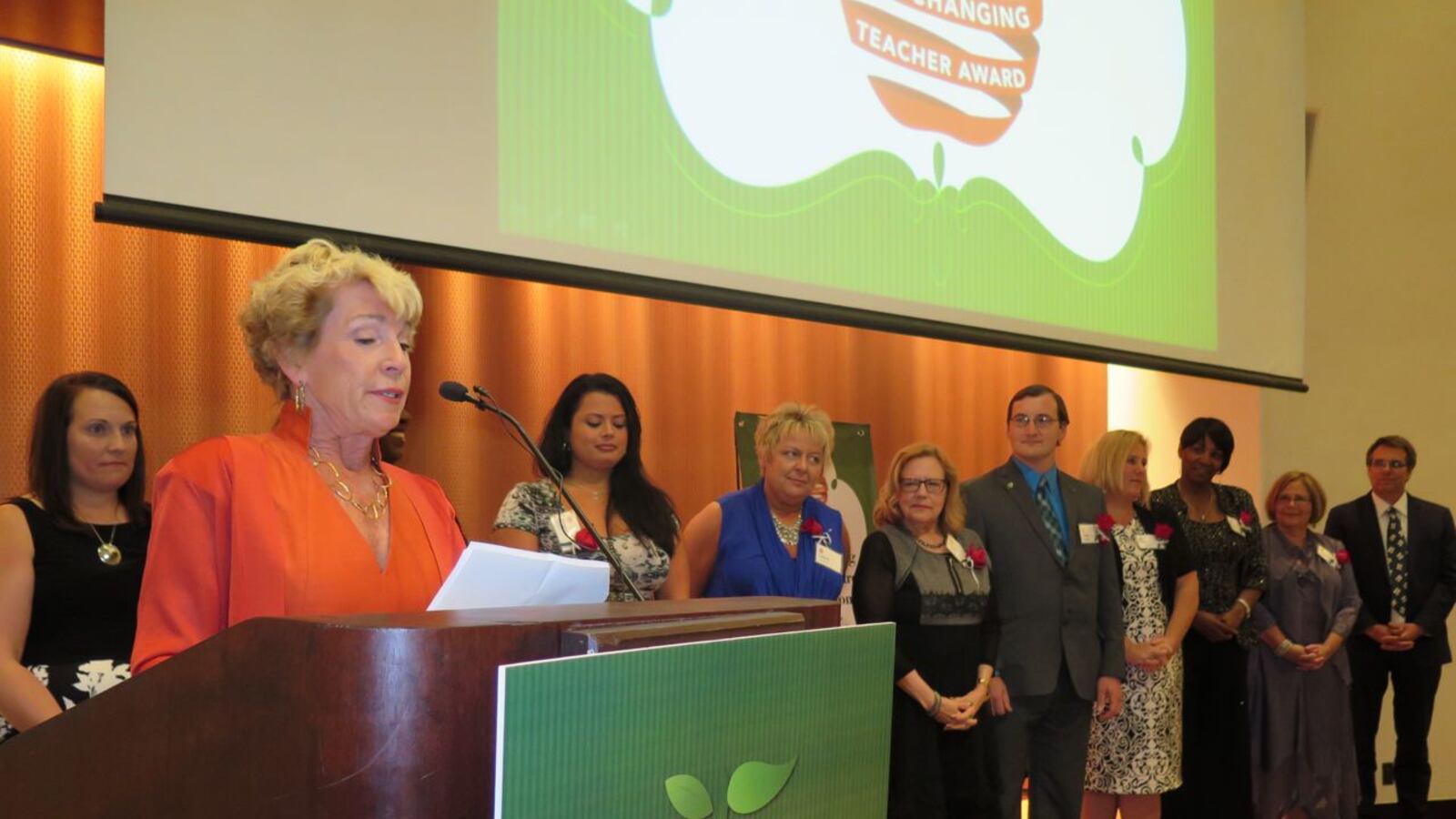 Kathy Hubbard with the honored teachers at last year's Hubbard Life-Changing Teacher Awards ceremony.