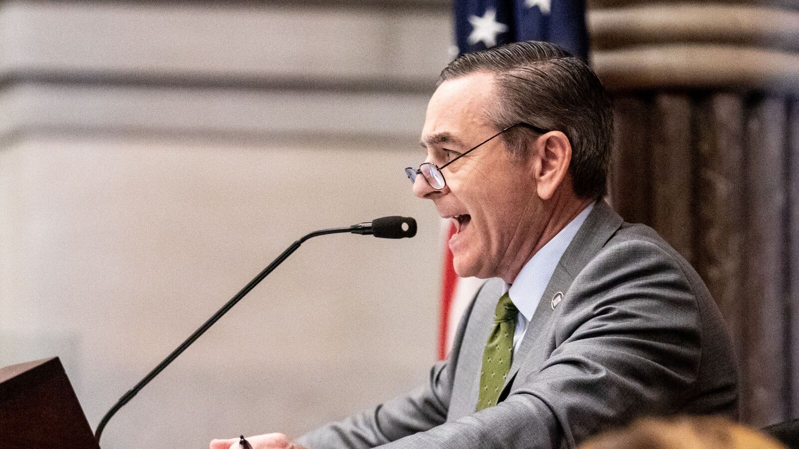 House Speaker Glen Casada presides over the Tennessee House of Representatives. The Republican leader, who helped pass Gov. Bill Lee's education voucher bill, announced Tuesday that he will step down from his chamber's top post over a growing texting scandal involving his former chief of staff. (Photo courtesy of Erik Schelzig/The Tennessee Journal)