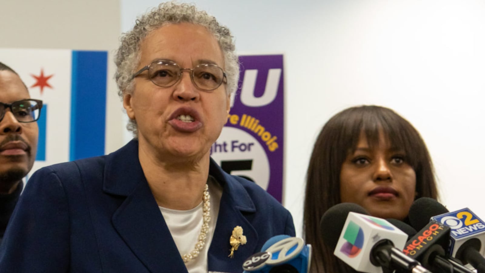 Cook County Board President Toni Preckwinkle speaks at a press conference in December, where she received endorsements from several public worker unions, including the Chicago Teachers Union, whose Vice President Stacy Davis Gates stands just to Preckwinkle's right in this picture.