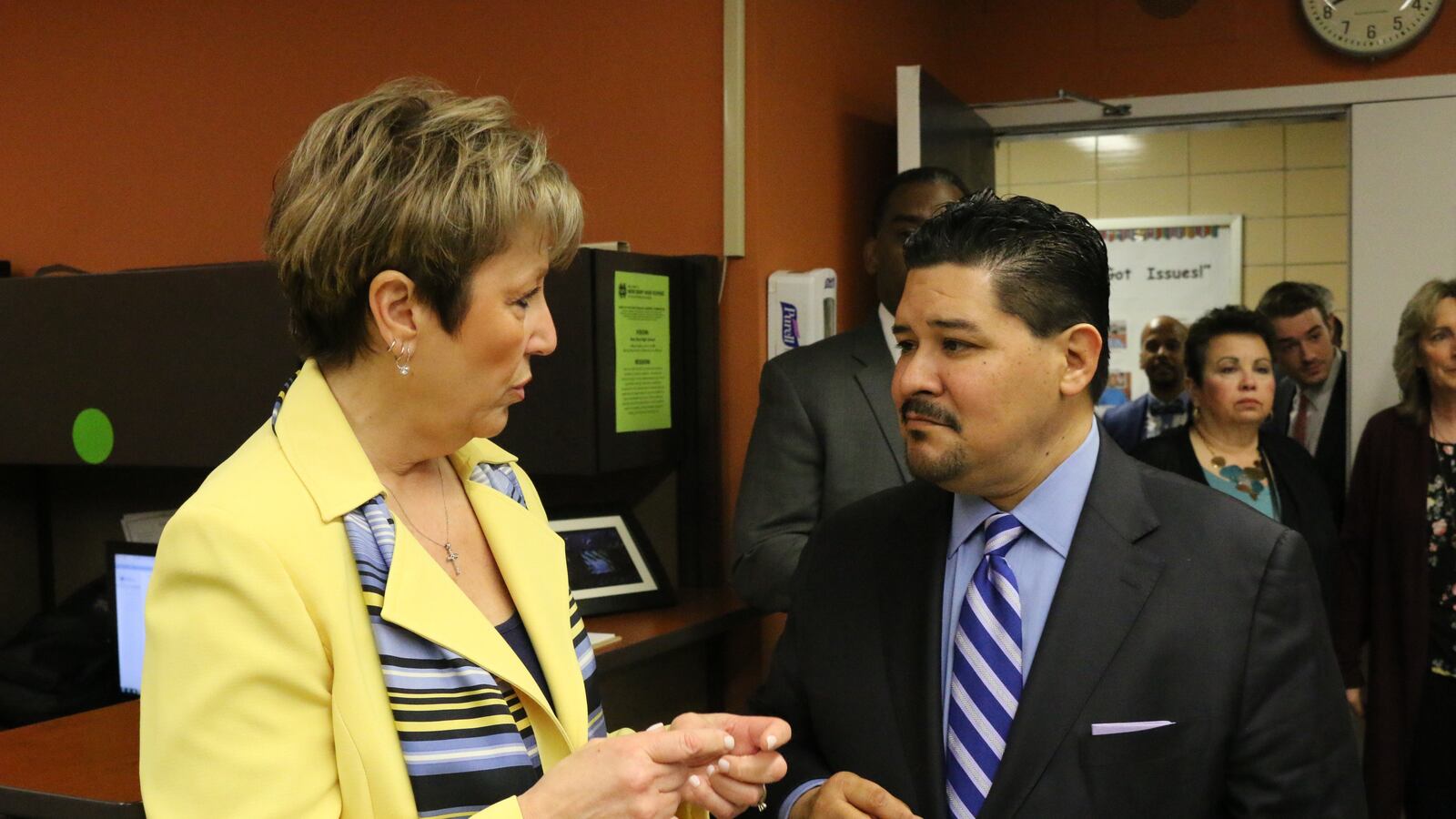 Chancellor Richard Carranza tours Staten Island's New Dorp High School with Principal Deirdre DeAngelis.