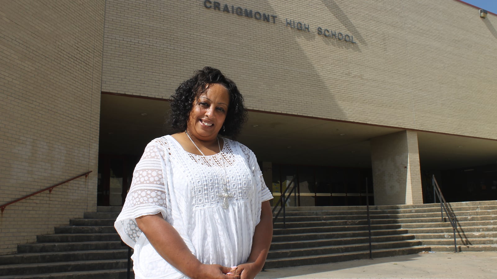 Principal Tisha Durrah stands at the entrance of Craigmont High, a Memphis school that soon will host one of the city's first school-based, after-school clubs operated by the Boys & Girls Club of Greater Memphis.