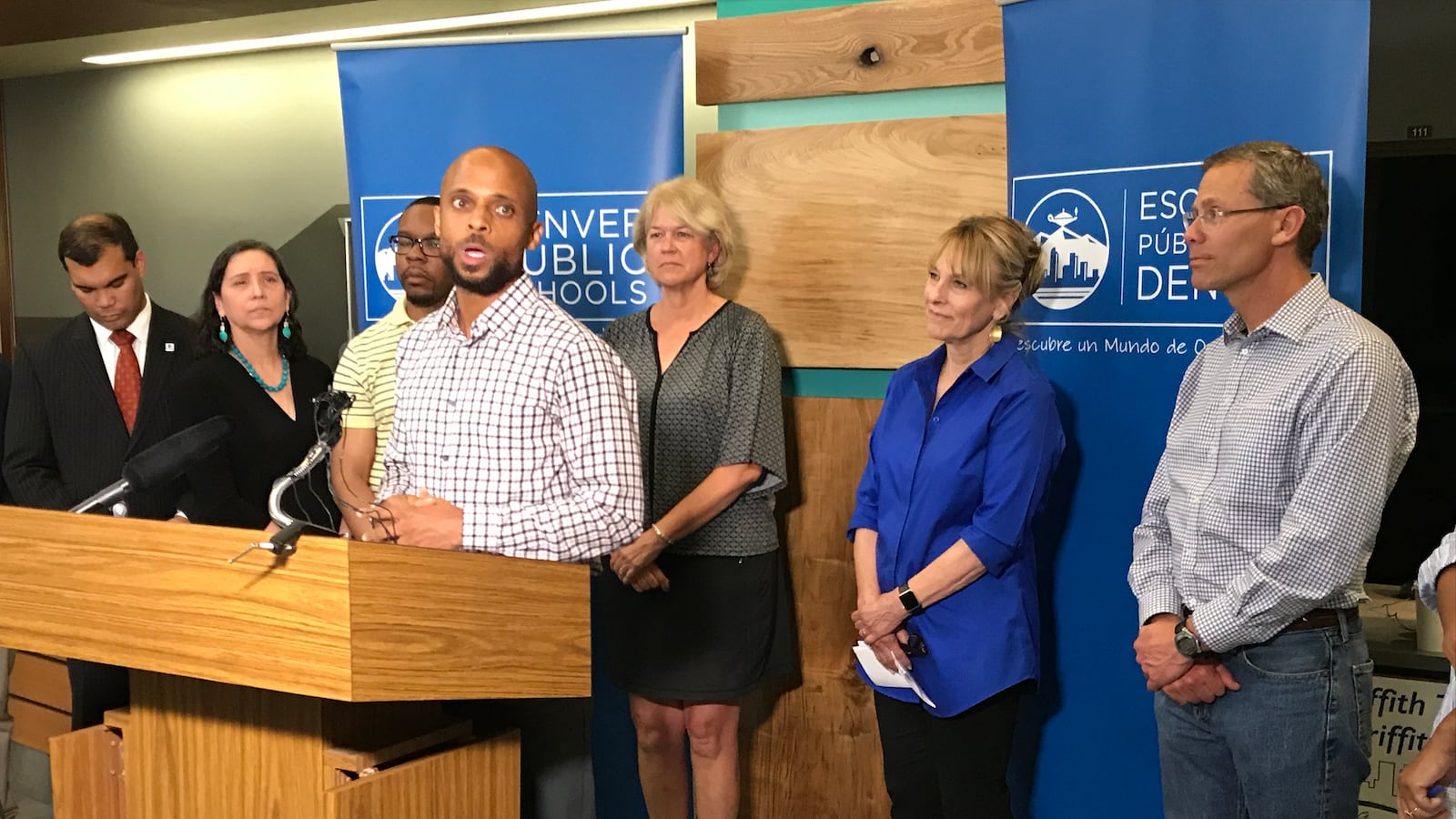 Antwan Jefferson speaks at the press conference. Jefferson is a university professor, former DPS teacher and current DPS parent.