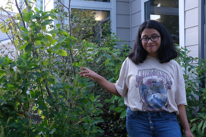 A teenage girl stands in front of plants/trees. She wears a beige shirt and blue jeans.