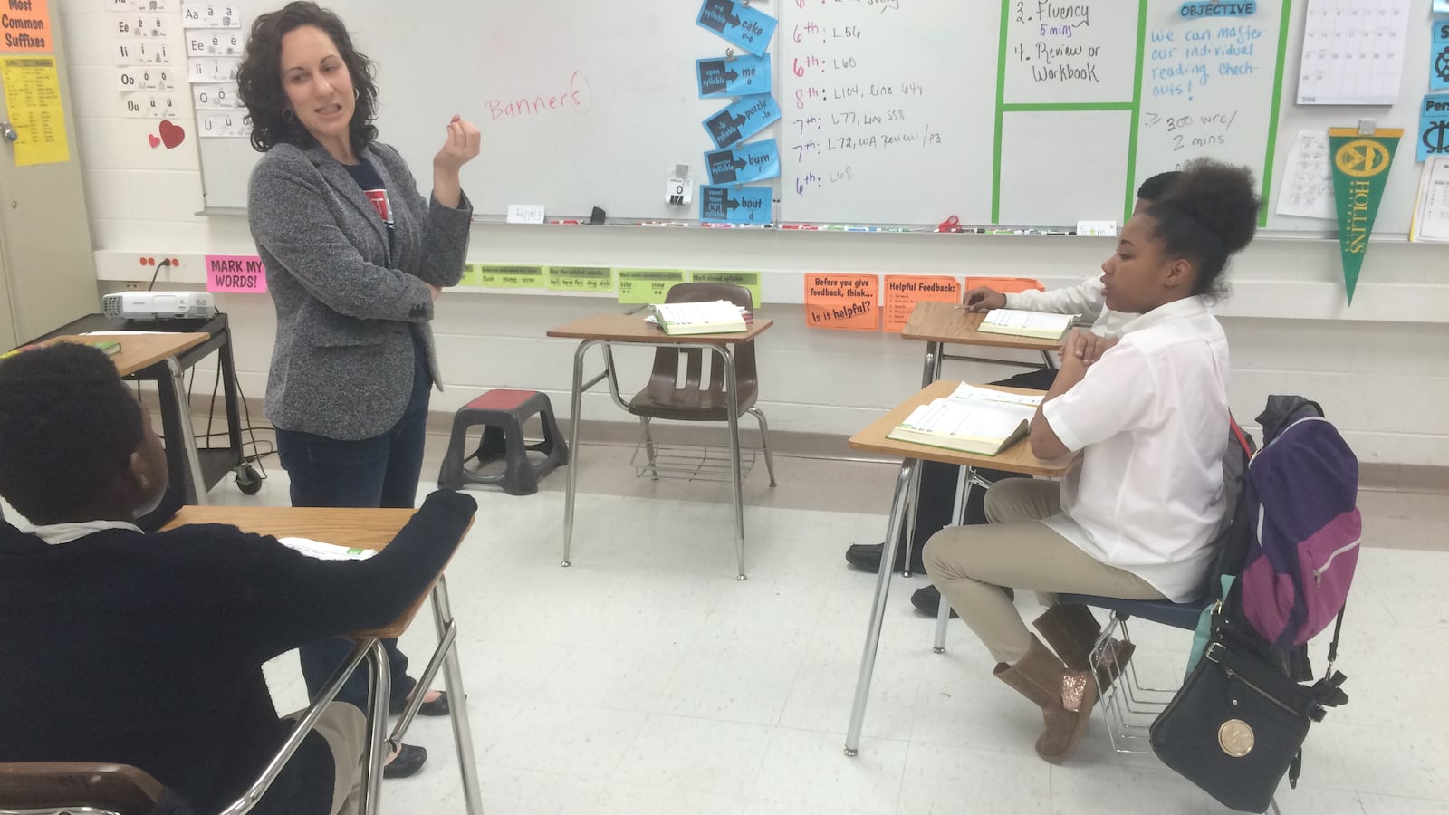 Emily Abeles, a reading intervention specialist at Westside Achievement Middle School in Memphis, teaches one of her small groups. Abeles is an alumna of the city's first Teach For America cohort.
