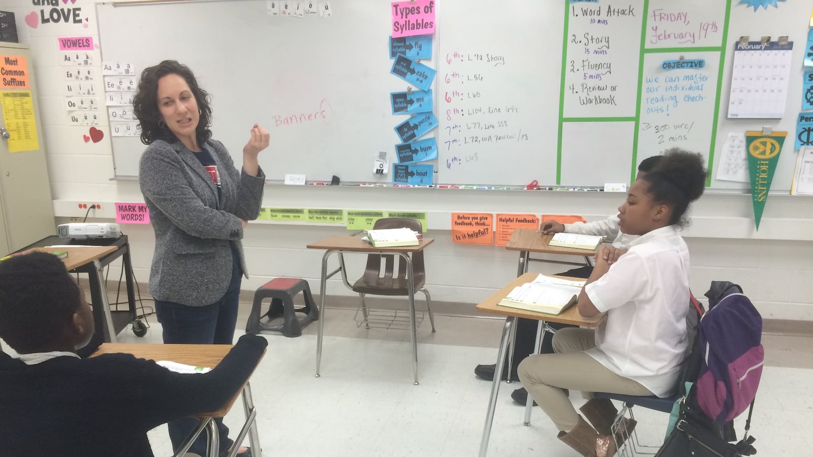 Emily Abeles, a reading intervention specialist at Westside Achievement Middle School in Memphis, teaches one of her small groups. Abeles is an alumna of the city's first Teach For America cohort.