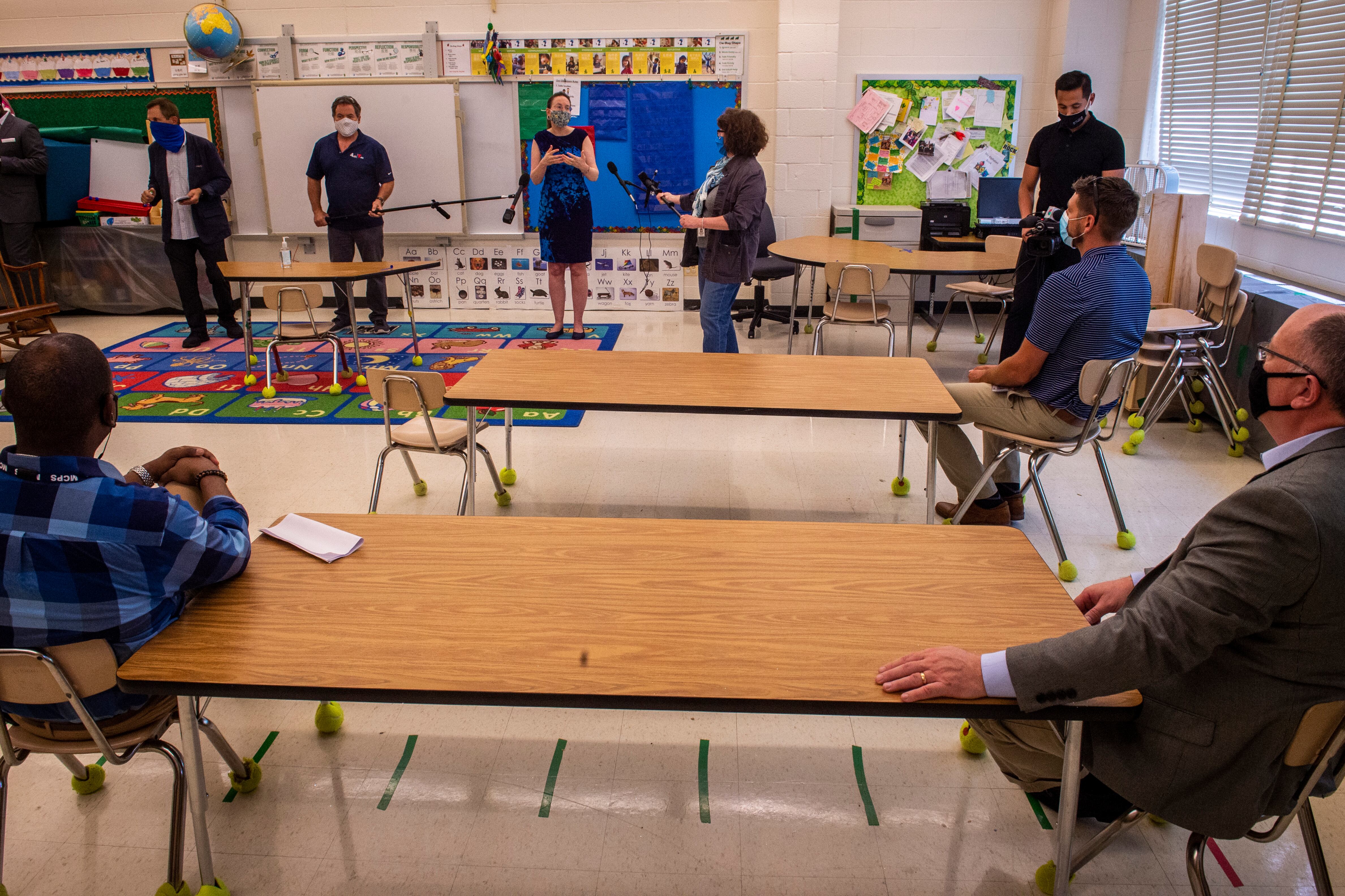 Montgomery county school officials give reporters a tour of College Gardens elementary to show room arrangements, and other measures that the system hopes will prevent the spread of the coronavirus when school reopens in August, on July 09 in Rockville, MD