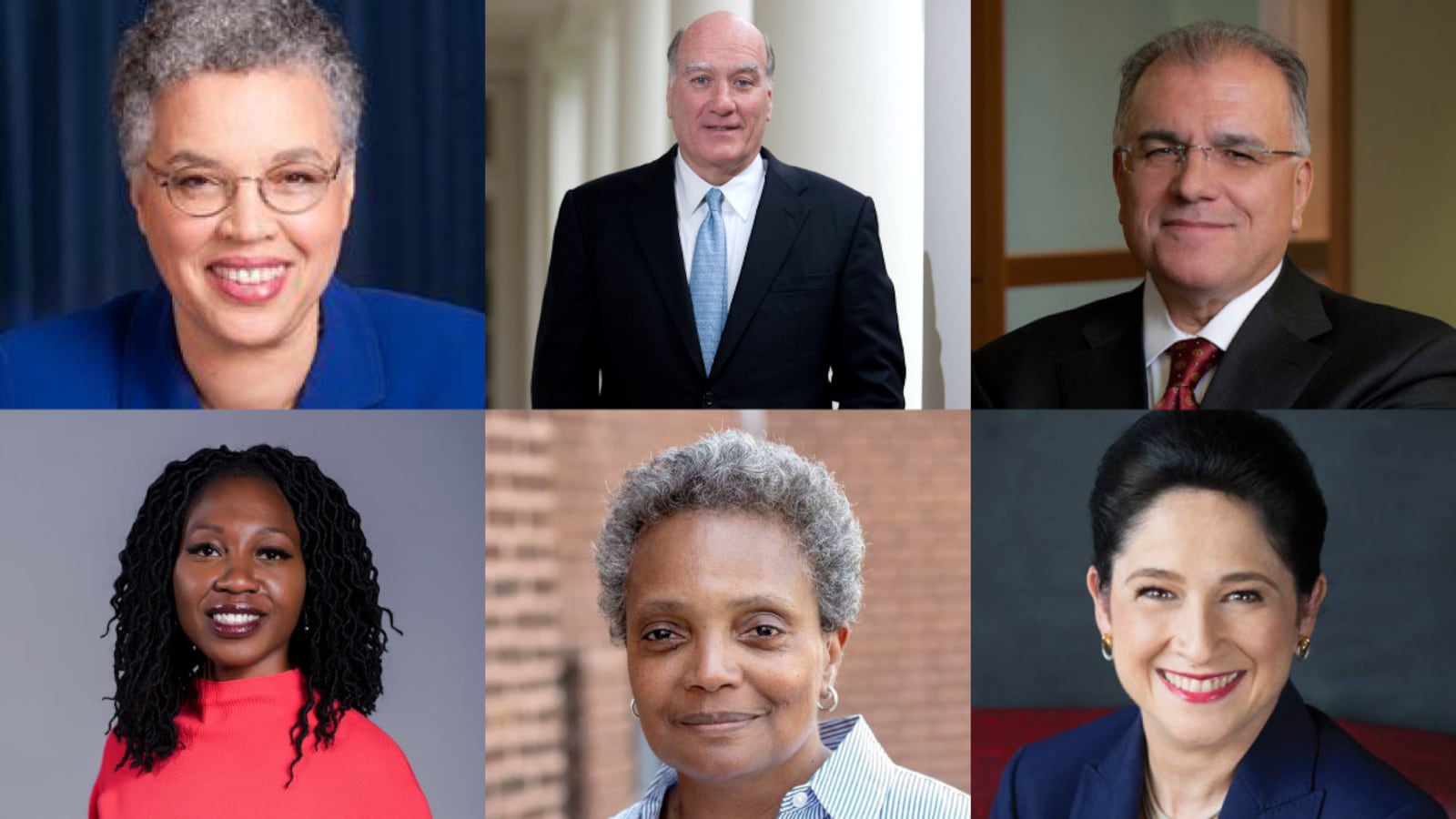 Chicago mayoral candidates (clockwise from upper left) Toni Preckwinkle, Bill Daley, Gery Chico, Susana Mendoza, Lori Lightfoot, and Amara Enyia