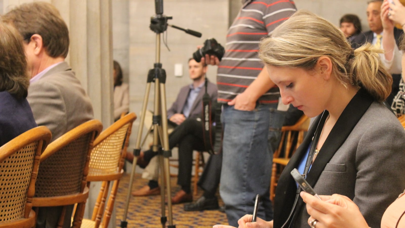 Grace Tatter covers a press conference at the Tennessee State Capitol in 2015.