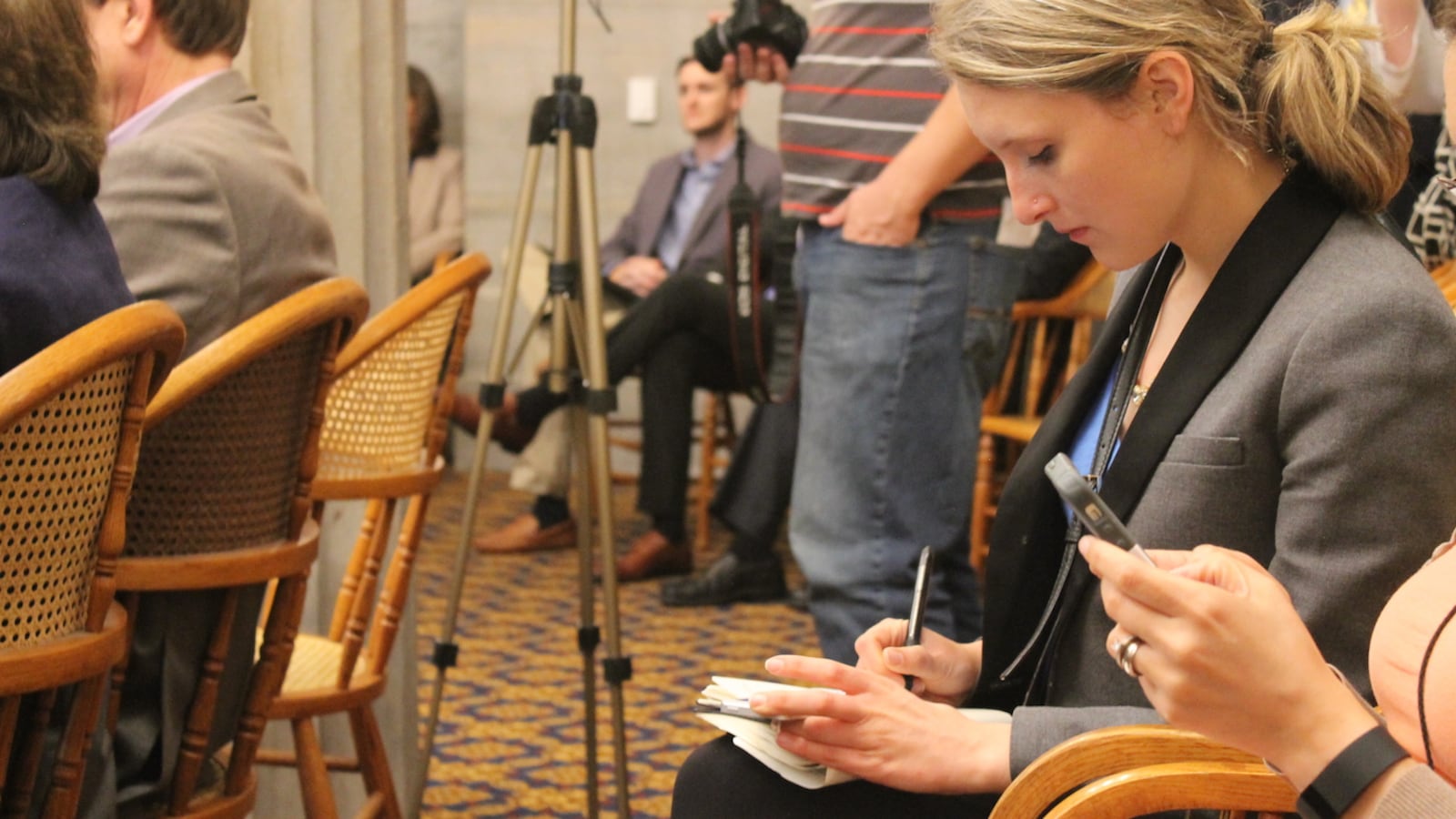 Grace Tatter covers a press conference at the Tennessee State Capitol in 2015.