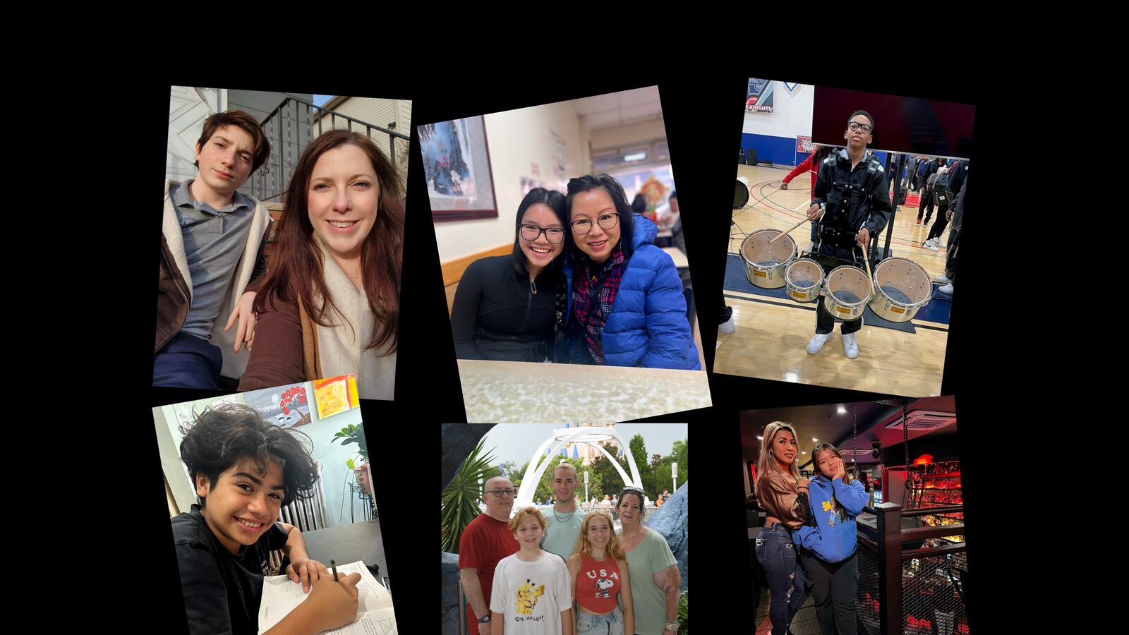 A collage of six photos featuring different students and family members on a black background.