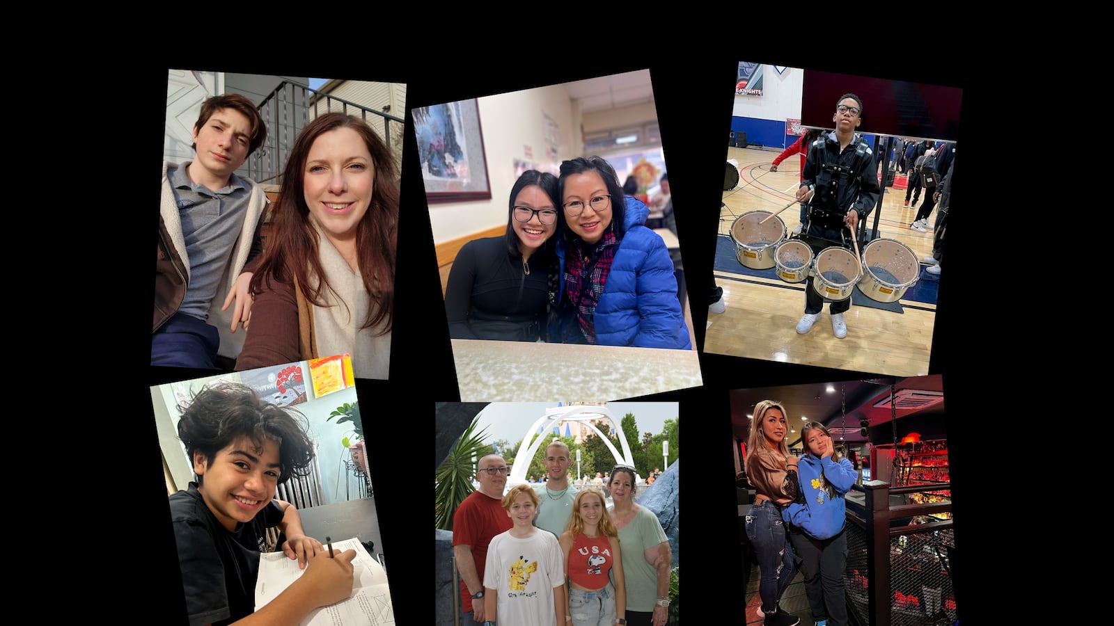 A collage of six photos featuring different students and family members on a black background.