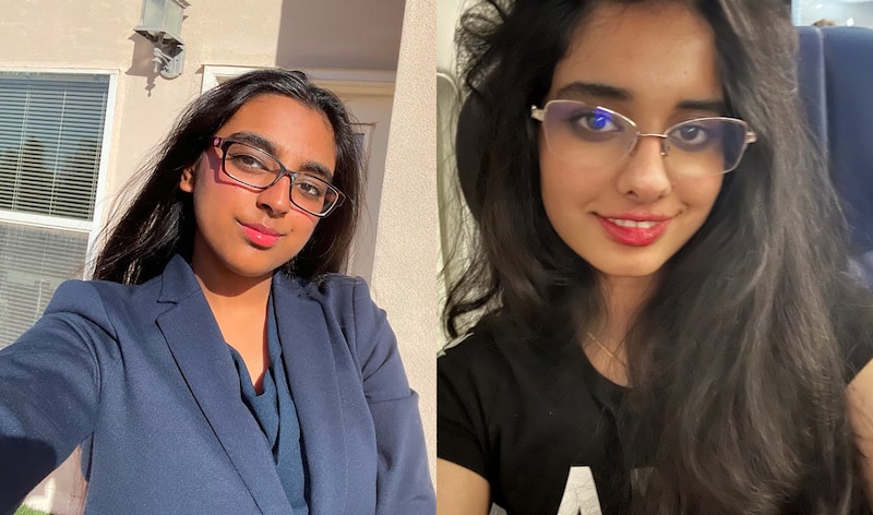 A diptych photograph of two portraits of two young women posing for selfies side by side.