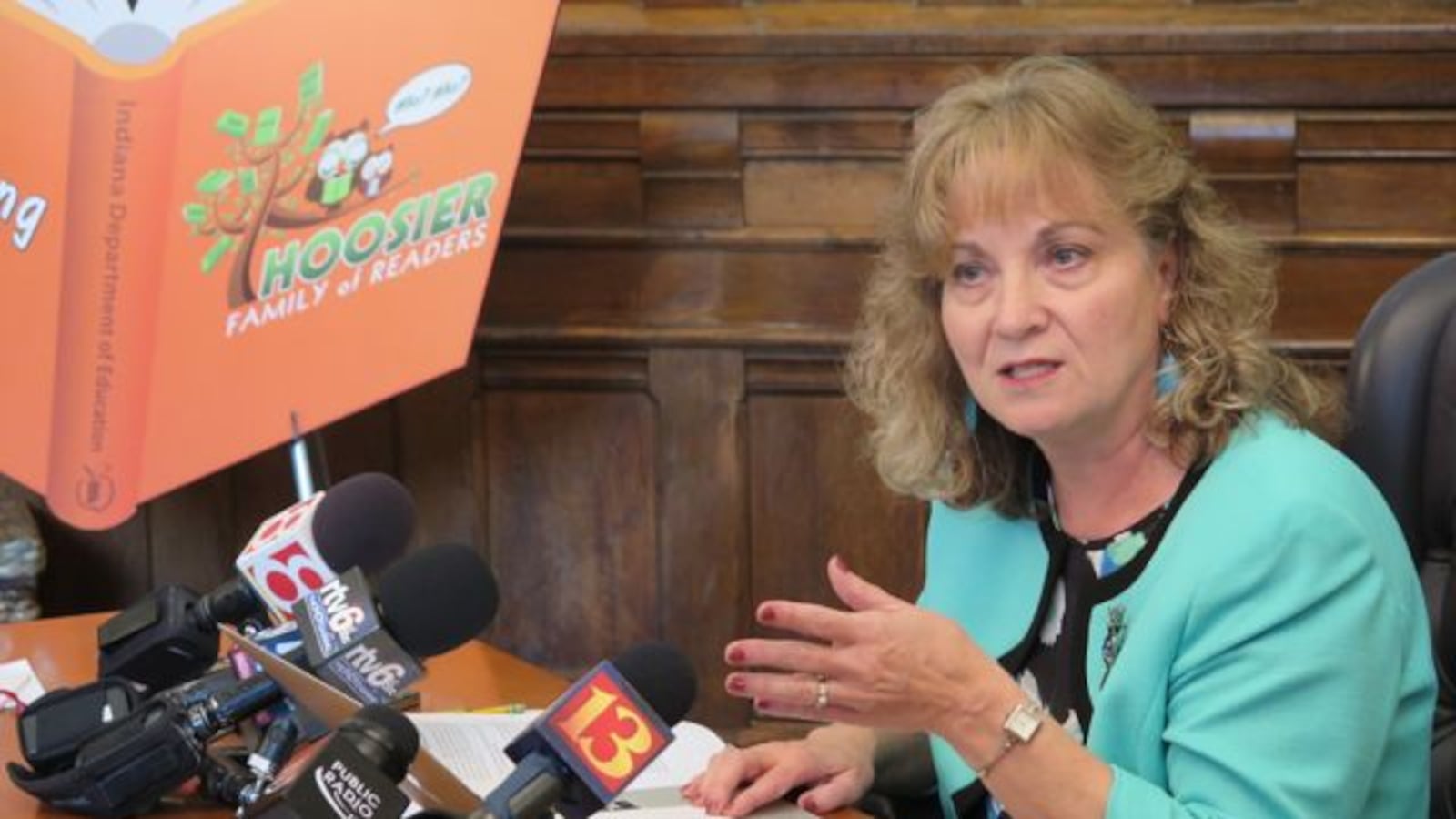 State Superintendent Glenda Ritz speaks with reporters after Indiana's request for a waiver from some rules of the federal No Child Left Behind law was approved in 2014.