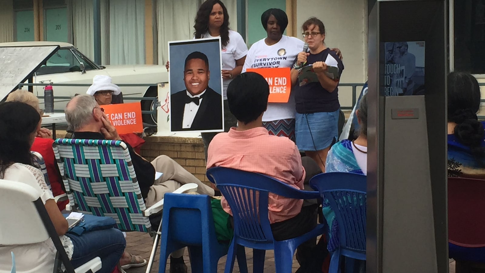 Kat McRitchie, at right, appeared with mothers who lost children to gun violence at a rally outside the National Civil Rights Museum. Photo courtesy Kat McRitchie.