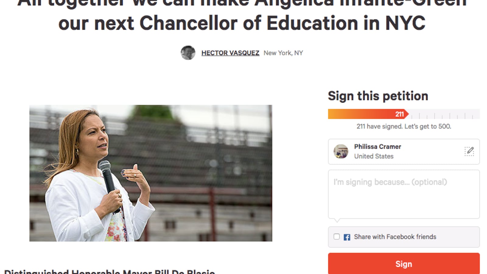 The petition calling for Infante-Green to become New York City's next schools chief.