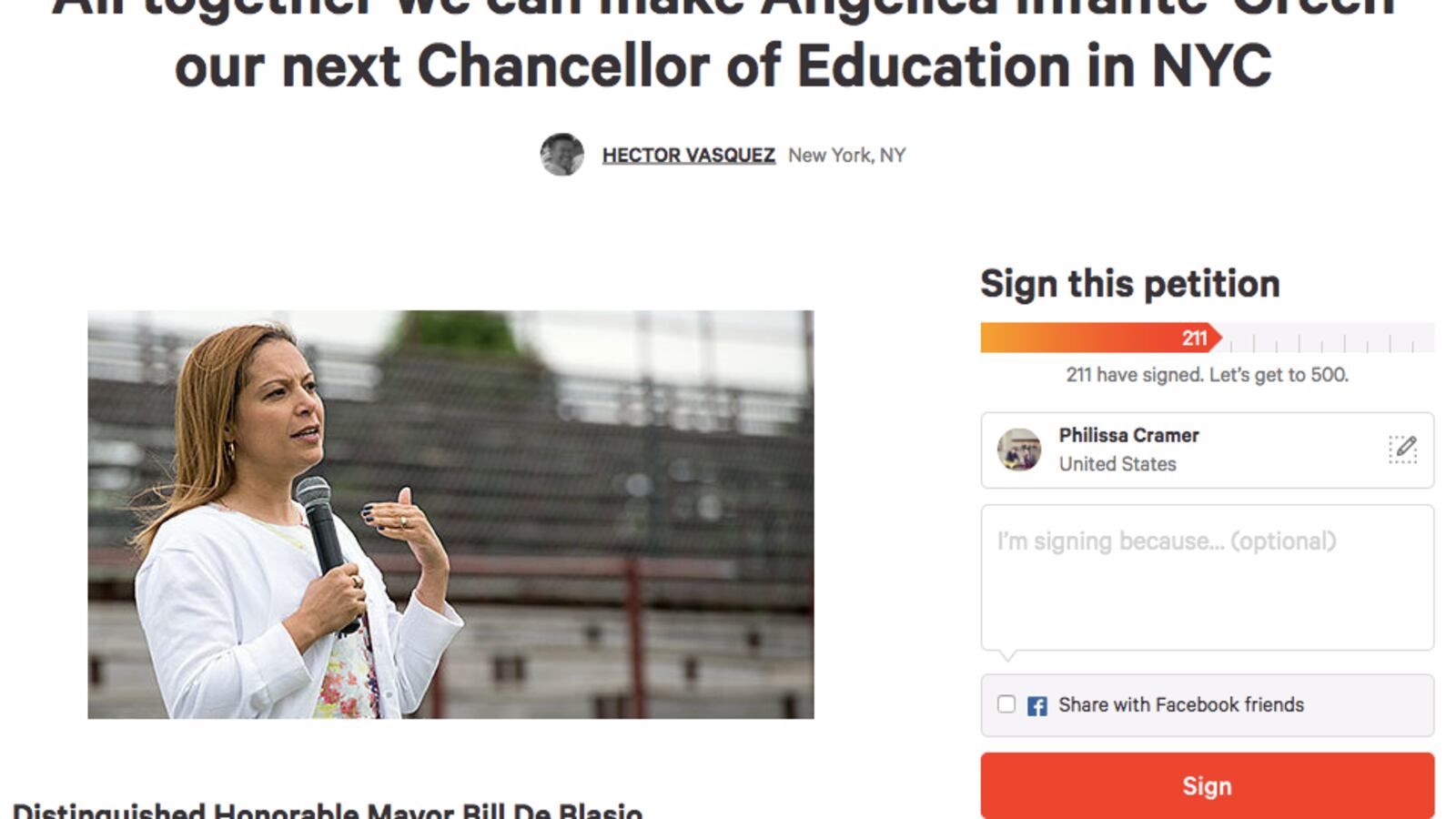 The petition calling for Infante-Green to become New York City's next schools chief.