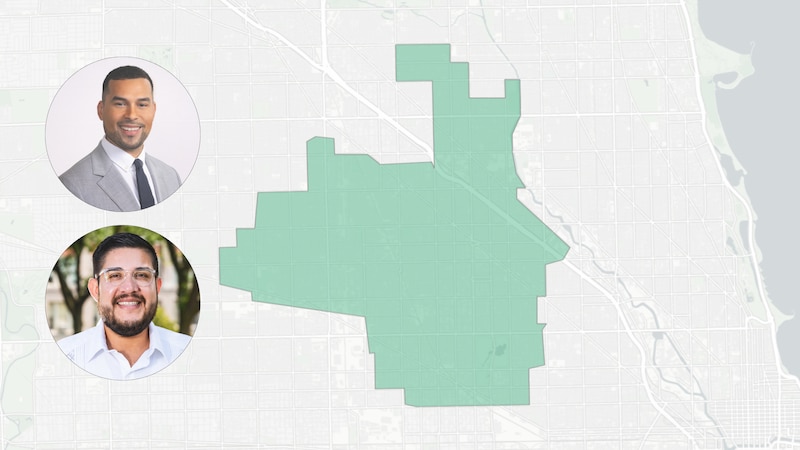 Two circular portraits on a white, grey and green map.
