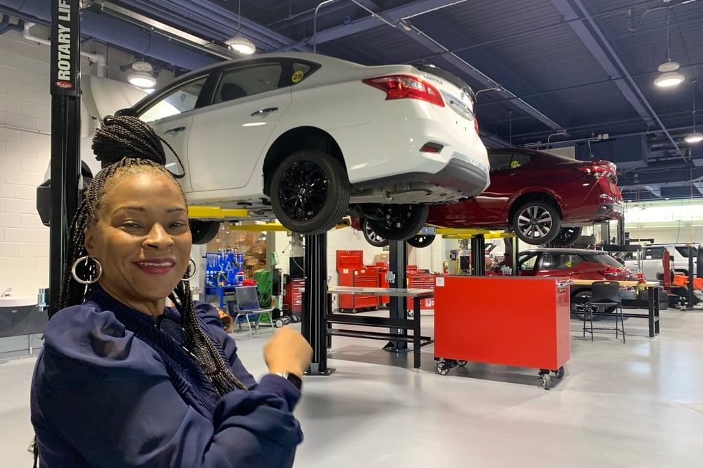 Woman in modern automotive lab at Community College of Philadelphia