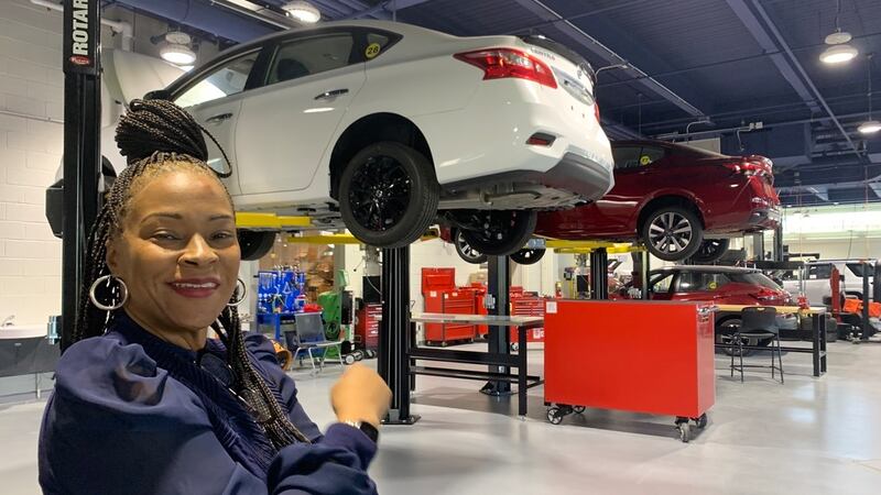 Woman in modern automotive lab at Community College of Philadelphia