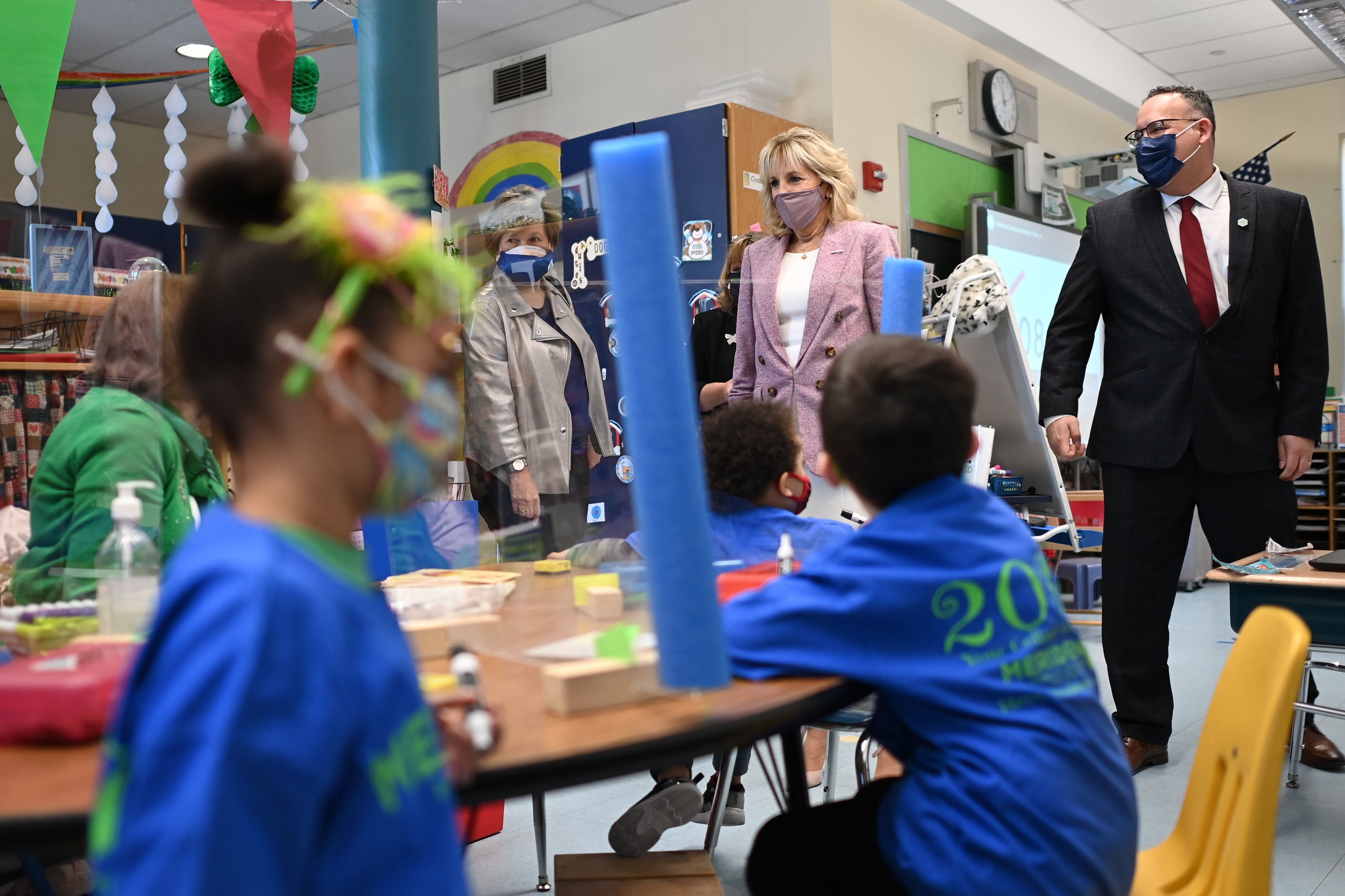 US First Lady Jill Biden and Education Secretary Miguel Cardona tour Benjamin Franklin Elementary School in Meriden, Connecticut, on March 3, 2021.