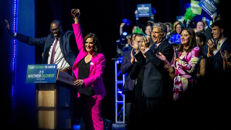 Lt. Gov. Garlin Gilchrist II and Gov. Gretchen Whitmer celebrate during an election night watch party at MotorCity Casino Hotel.