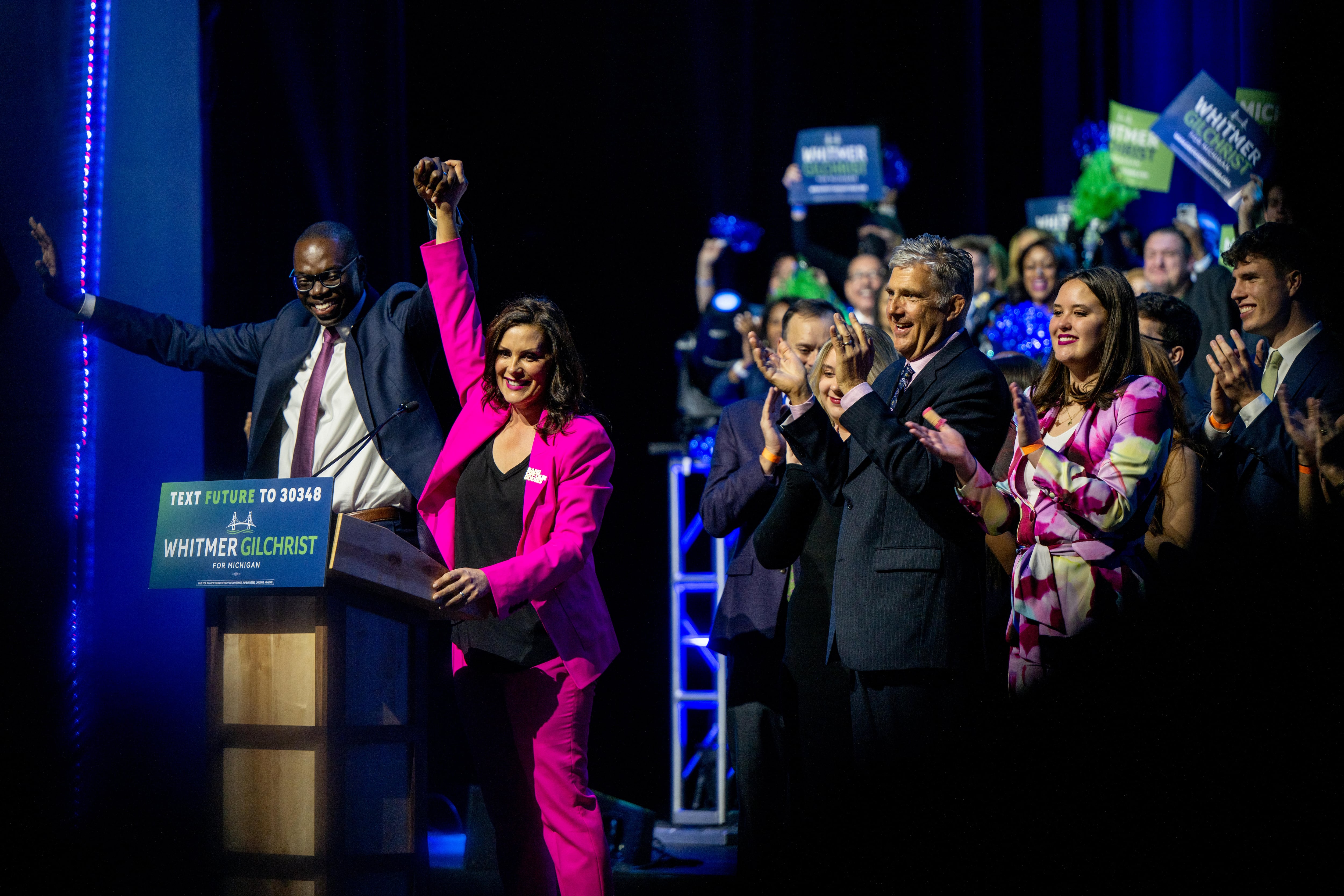 Lt. Gov. Garlin Gilchrist II and Gov. Gretchen Whitmer celebrate during an election night watch party at MotorCity Casino Hotel.