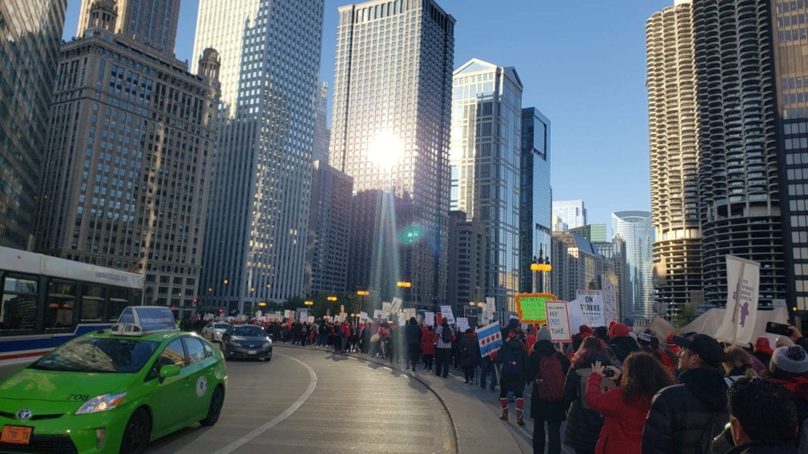 Chicago Teachers Union members lined Wacker Drive in preparation for a march to City Hall and rally on the fifth day of their strike, Oct. 23, 2019.