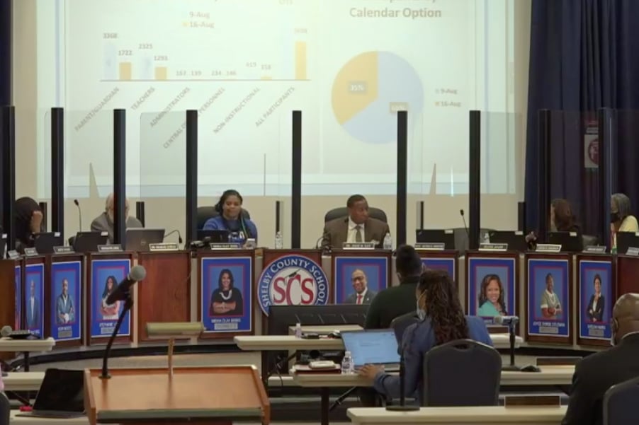 School board members and Superintendent Joris Ray sit in an auditorium with plastic dividers.