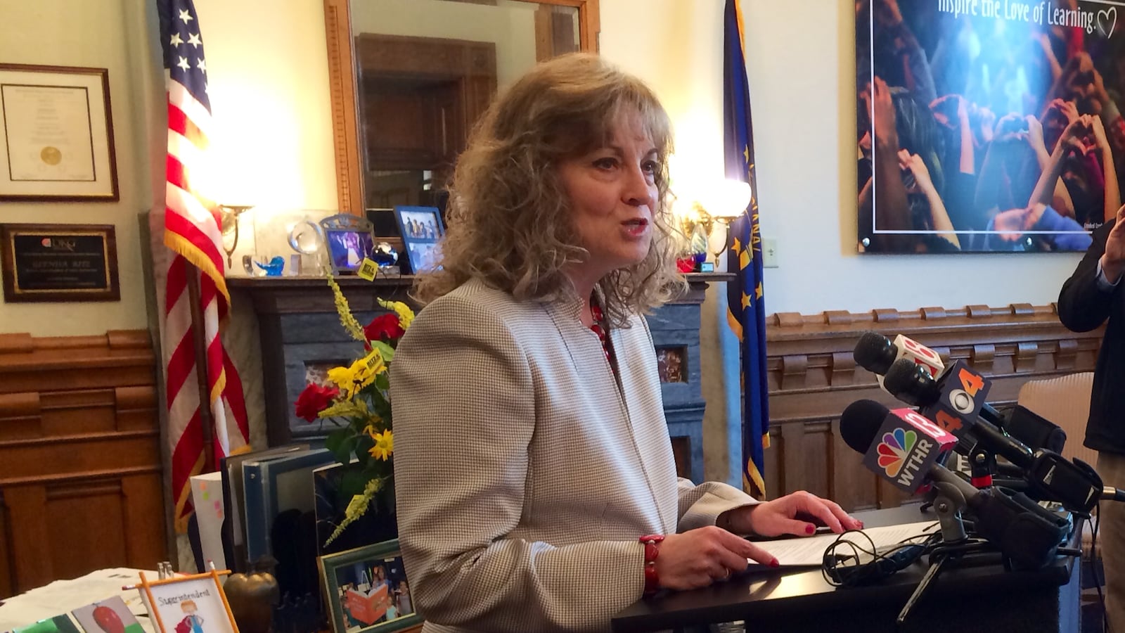 Superintendent Glenda Ritz speaks to reporters Thursday after announcing she's considering a possible gubernatorial run in 2016.