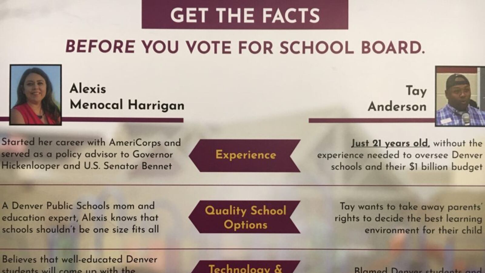 A mailer from a pro-reform political committee seeks to raise fears that a union-backed candidate would take away school choice.